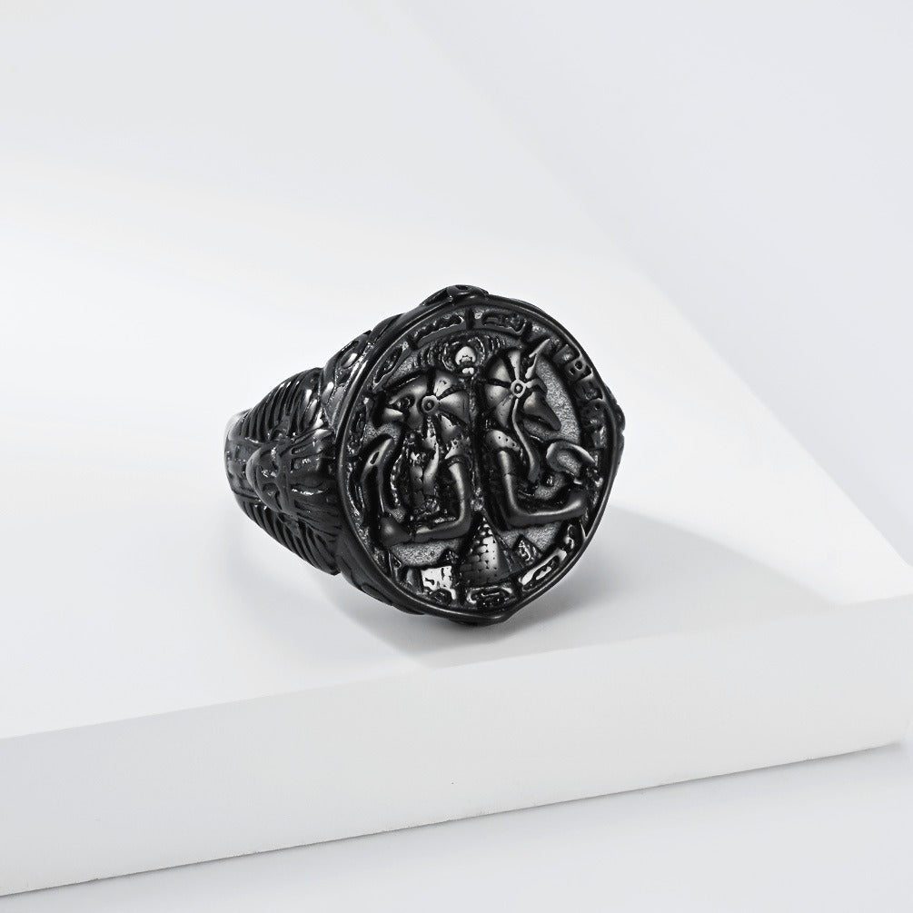 Kemstone Anubis Relief Signet Ring for Men Stainless Steel Egyptian Vintage K-R1216