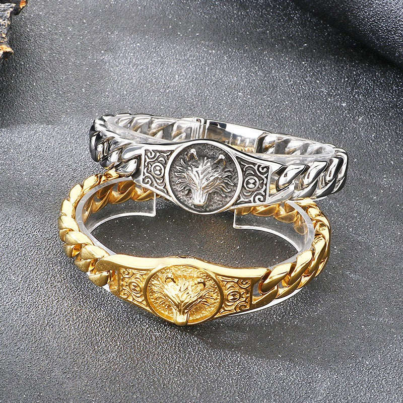 Kemstone Men’s Wolf Head Bracelet – Titanium Steel Cuban Chain 220mm KB205184-KJX