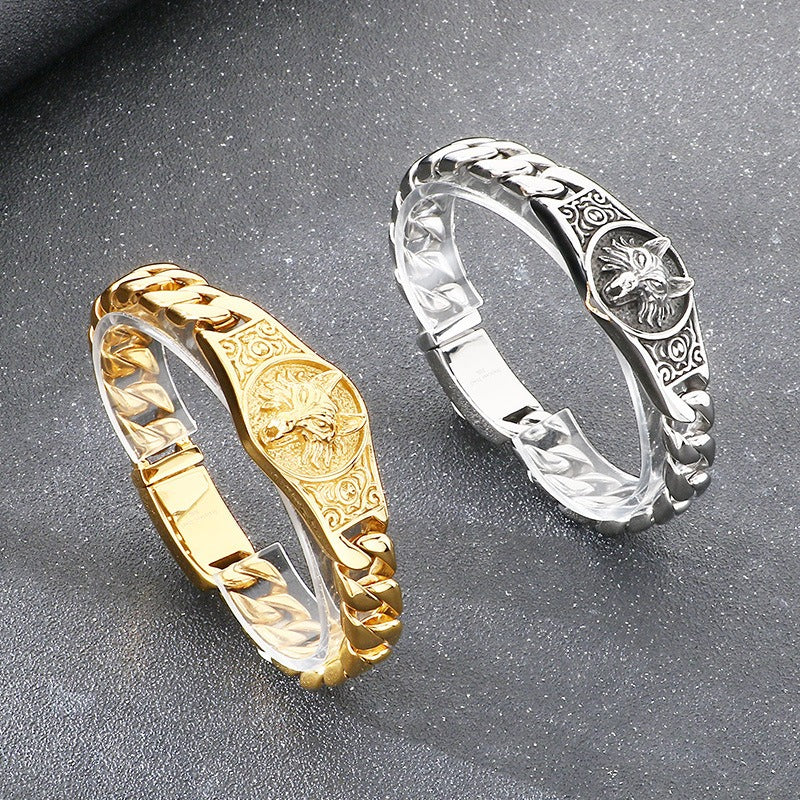 Kemstone Men’s Wolf Head Bracelet – Titanium Steel Cuban Chain 220mm KB205184-KJX