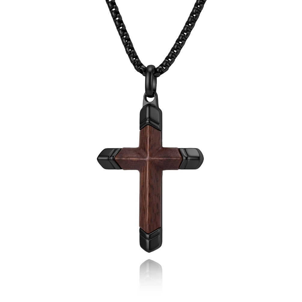 Kemstone Wood Cross Necklace for Men Stainless Steel Metal Accent Pendant K-PT736