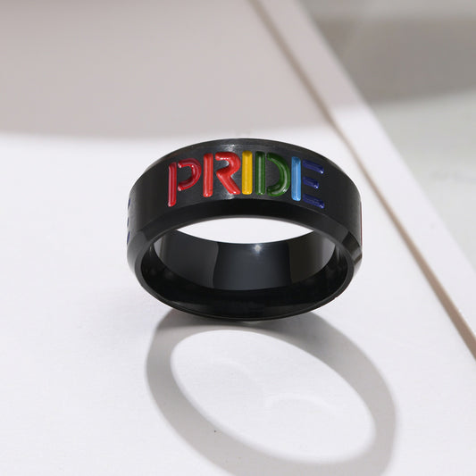 Kemstone Rainbow Enamel Band Ring – Black Stainless Steel for Men PR-038