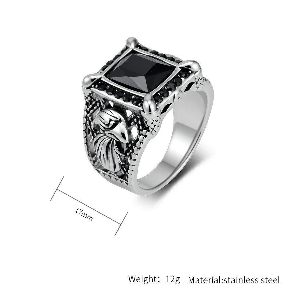 Kemstone Eagle Signet Ring for Men Stainless Steel Black Stone Vintage K-R1227