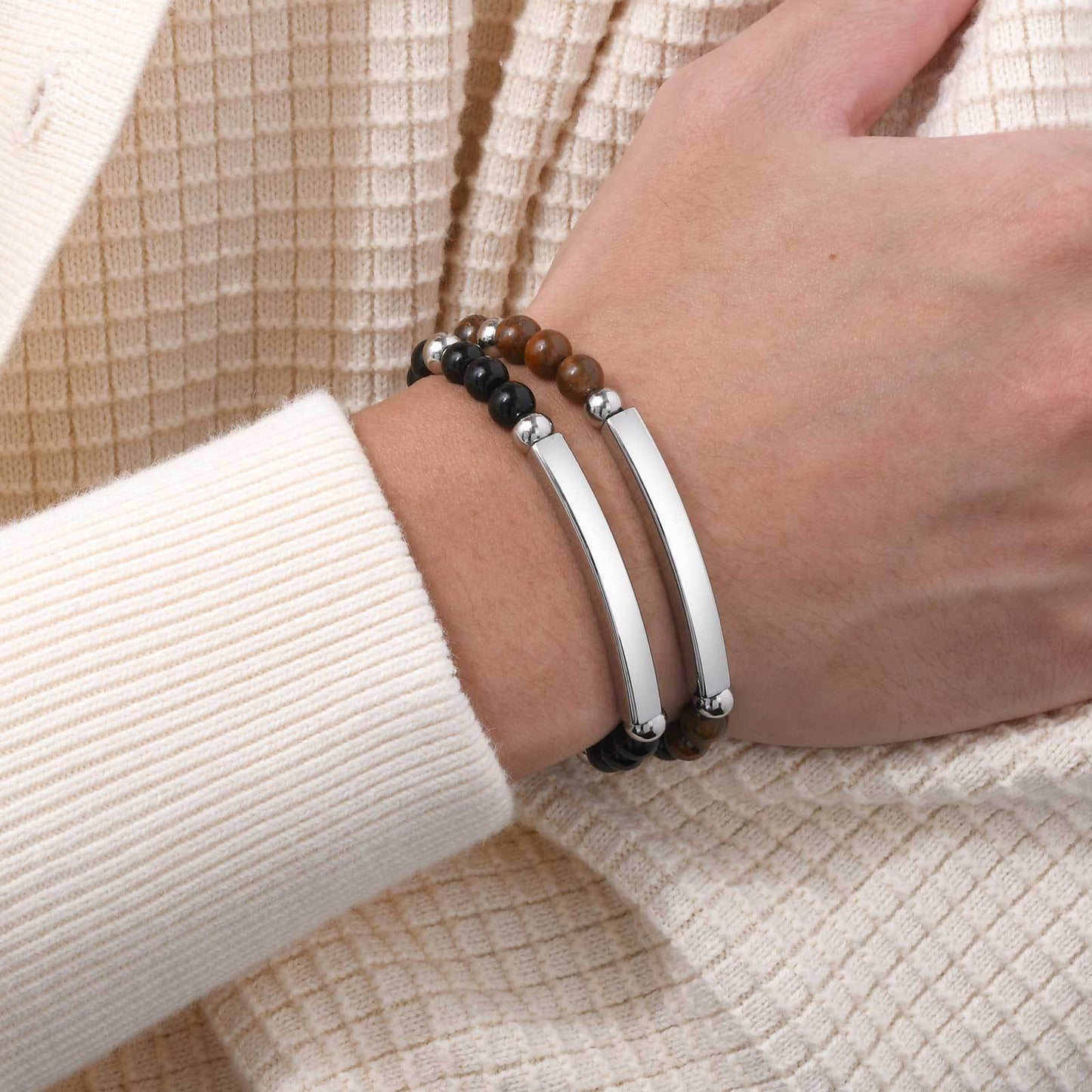 Kemstone Stainless Steel Bar Beaded Bracelet for Men – Tiger Eye & Black Onyx BR-2353