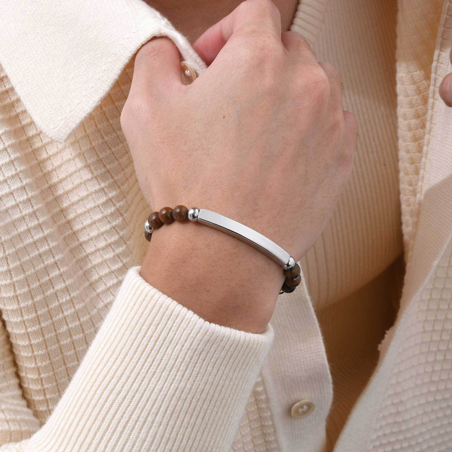 Kemstone Stainless Steel Bar Beaded Bracelet for Men – Tiger Eye & Black Onyx BR-2353