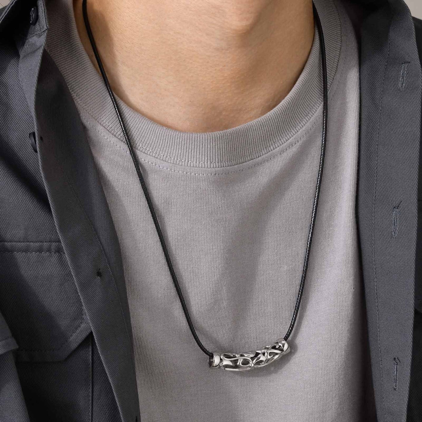 Kemstone Stainless Steel Leather Cord Necklace for Men – Silver Knot Pendant PN-1725