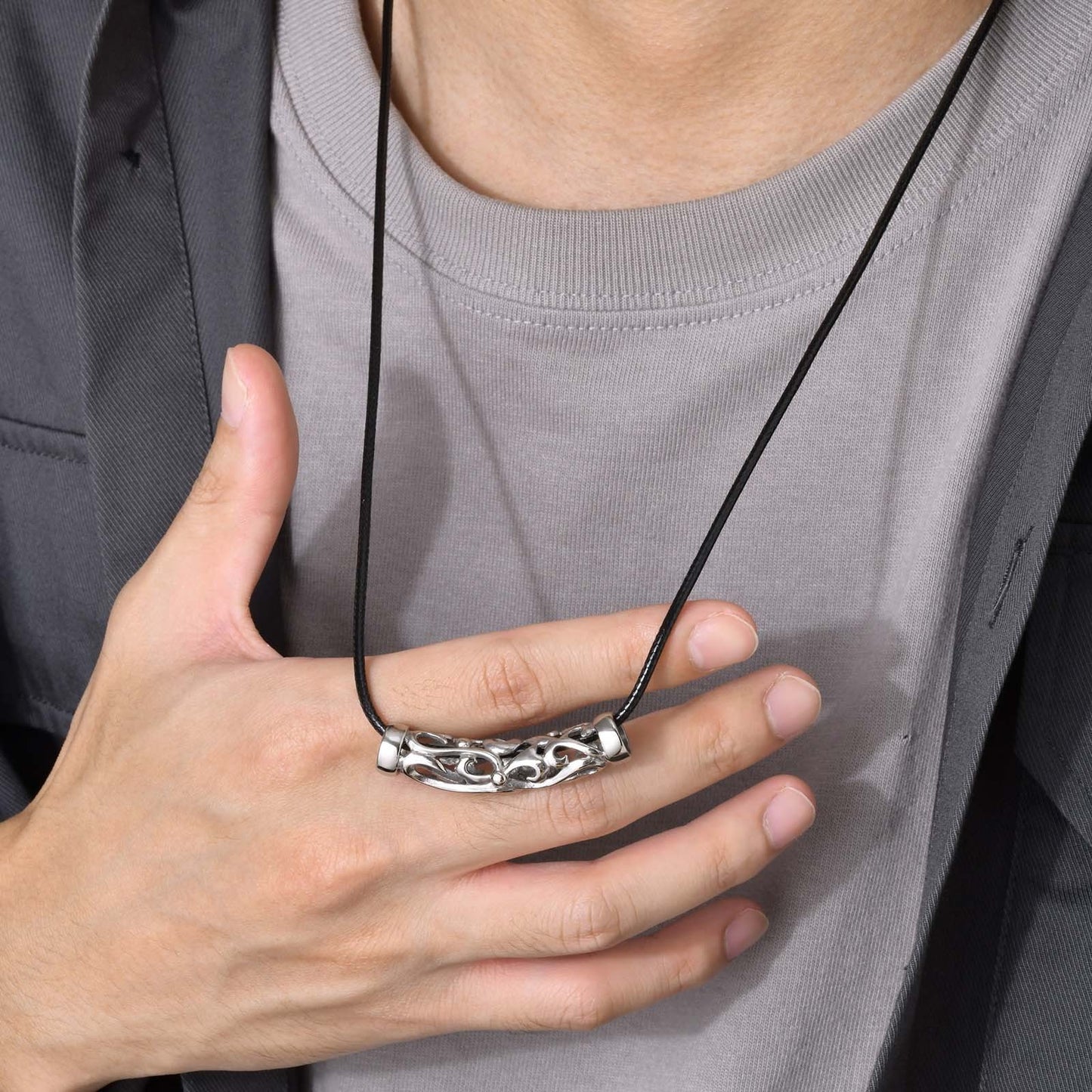 Kemstone Stainless Steel Leather Cord Necklace for Men – Silver Knot Pendant PN-1725