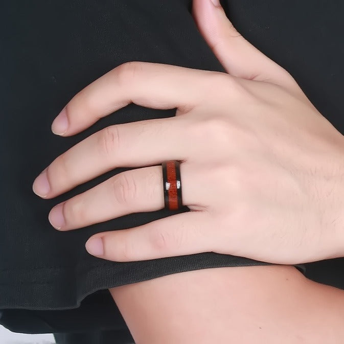 Kemstone Tungsten Steel Wood Grain Inlay Ring – Men’s Modern Wood Design Band TCR-022