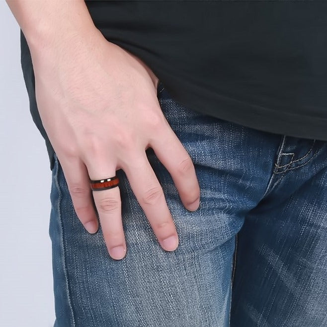 Kemstone Tungsten Steel Wood Grain Inlay Ring – Men’s Modern Wood Design Band TCR-022
