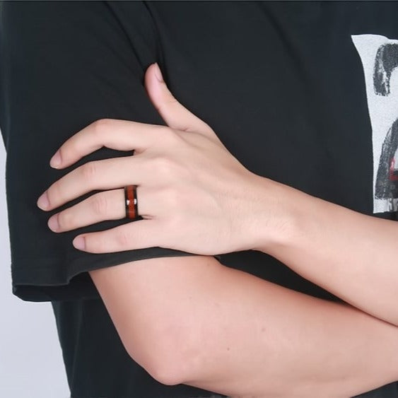 Kemstone Tungsten Steel Wood Grain Inlay Ring – Men’s Modern Wood Design Band TCR-022