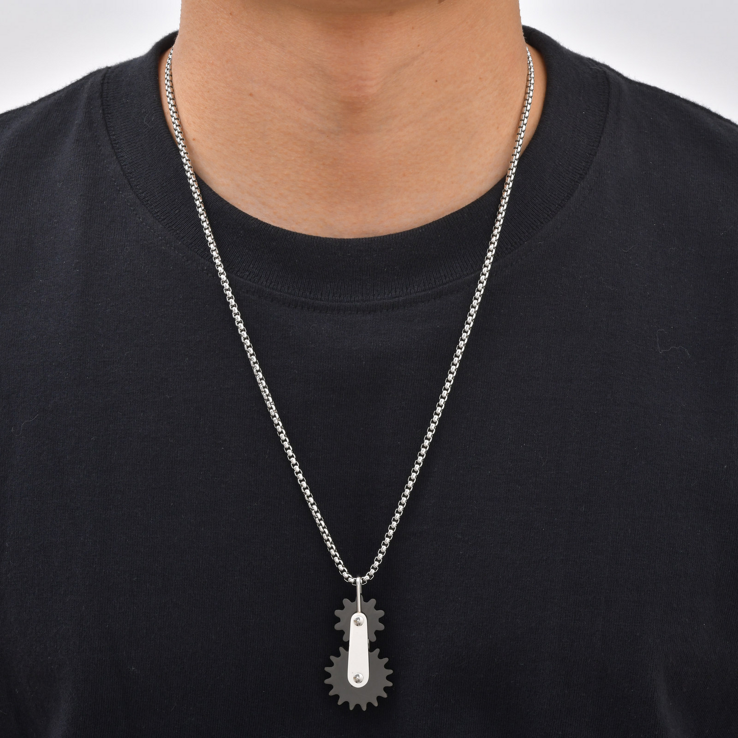 Kemston Stainless Steel Dual Gear Pendant Necklace for Men Mechanical Street PN-2408