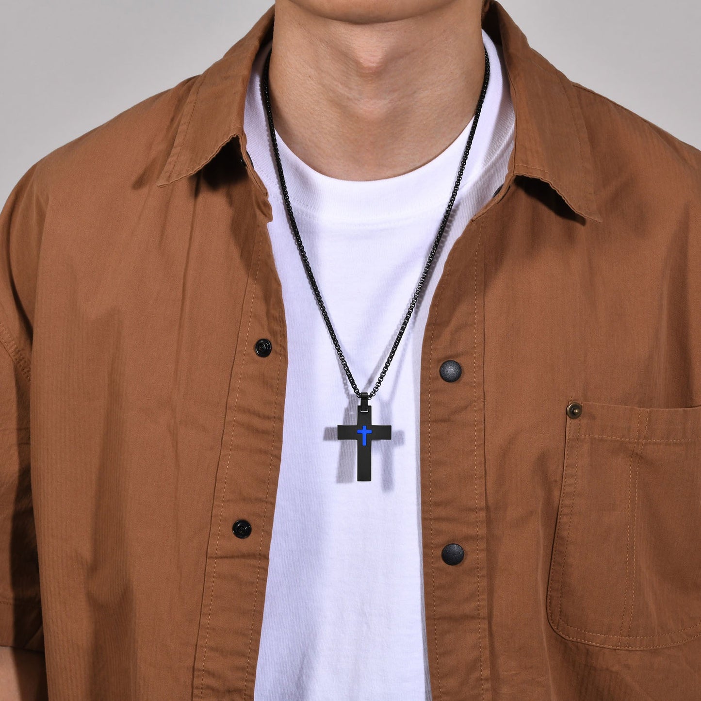 Kemstone Stainless Steel Black Cross Pendant Necklace for Men Blue Accent Detail PN-1916