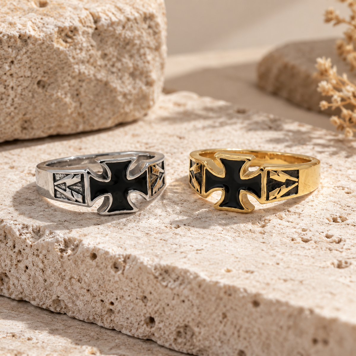 Kemstone Black Cross Ring for Men Titanium Steel Vintage Engraved R1823