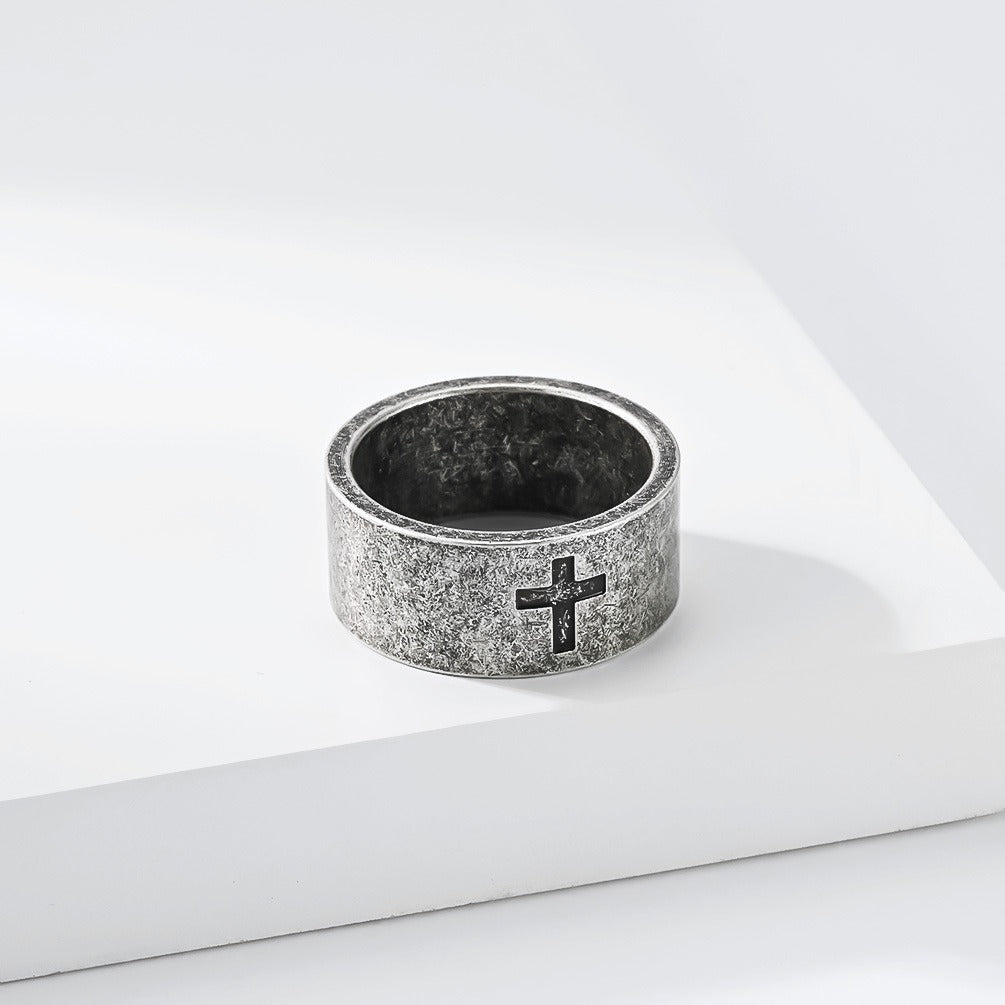 Kemstone Matte Cross Ring for Men Stainless Steel 10MM Wide Band Vintage K-R1209