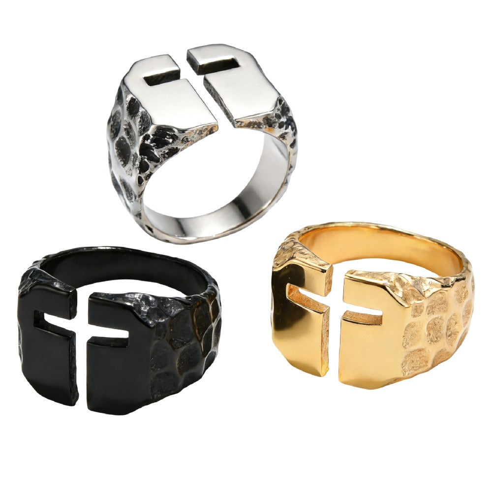 Kemston Open Cross Ring for Men Titanium Steel Vintage Texture R1015