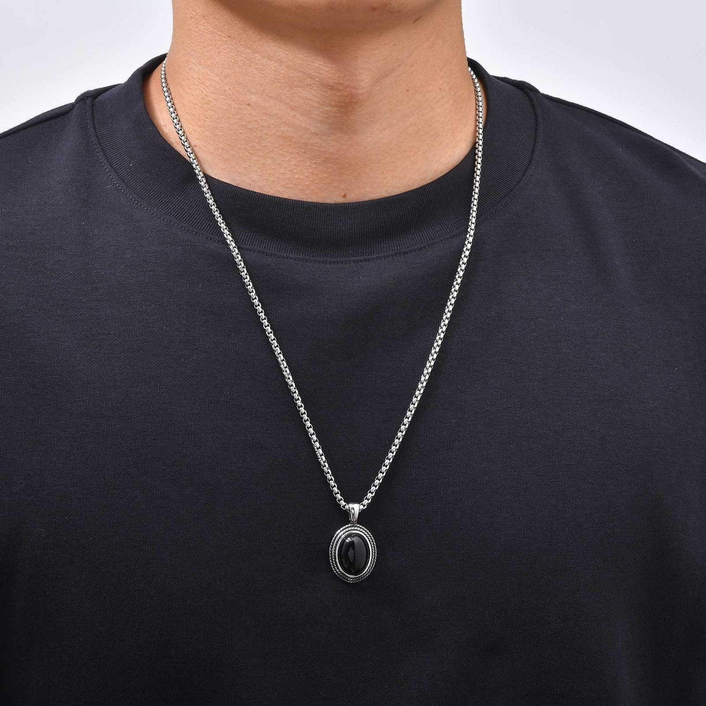 Kemston Black Stone Pendant Necklace for Men Stainless Steel Oval Vintage Frame PN-2462