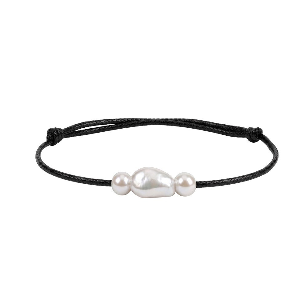 Kemston Three Pearl Baroque Freshwater Pearl Bracelet for Women Adjustable Black Cord GPB73