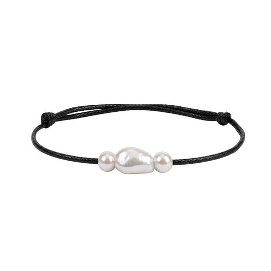 Kemston Three Pearl Baroque Freshwater Pearl Bracelet for Women Adjustable Black Cord GPB73