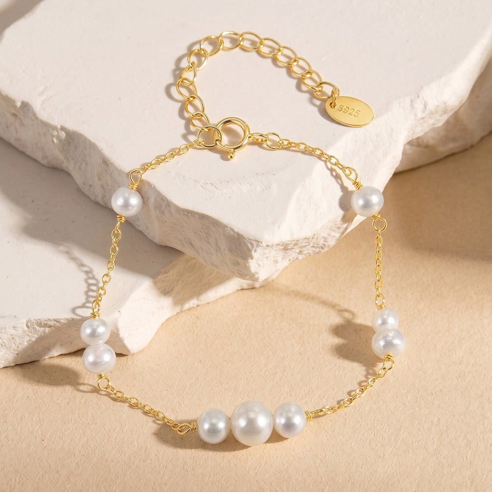 Kemstone Freshwater Pearl Station Bracelet for Women 925 Sterling Silver Chain GPB74