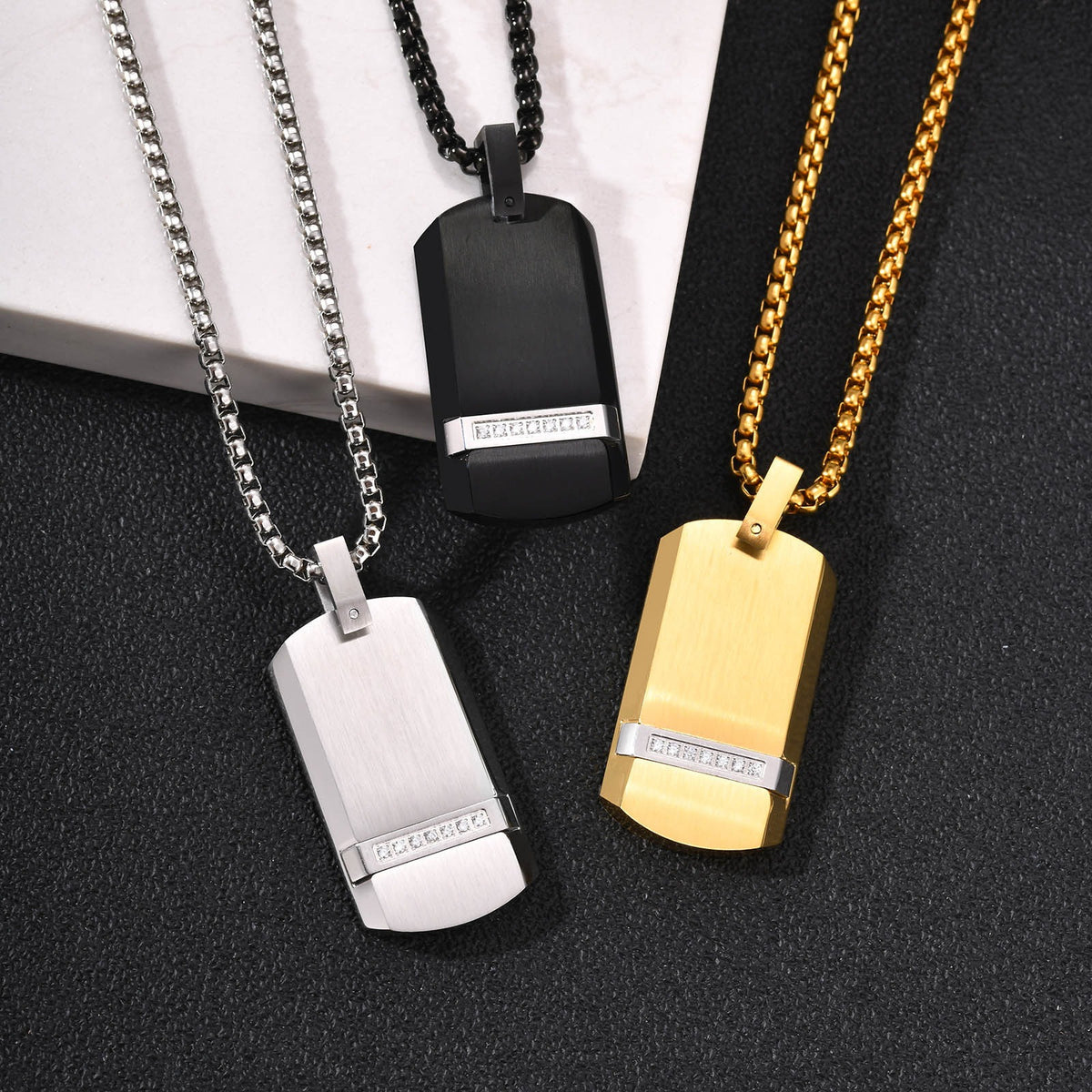 Kemstone Black Rectangular Pendant Necklace for Men Stainless Steel Cubic Zirconia Detail Punk Style PN-240