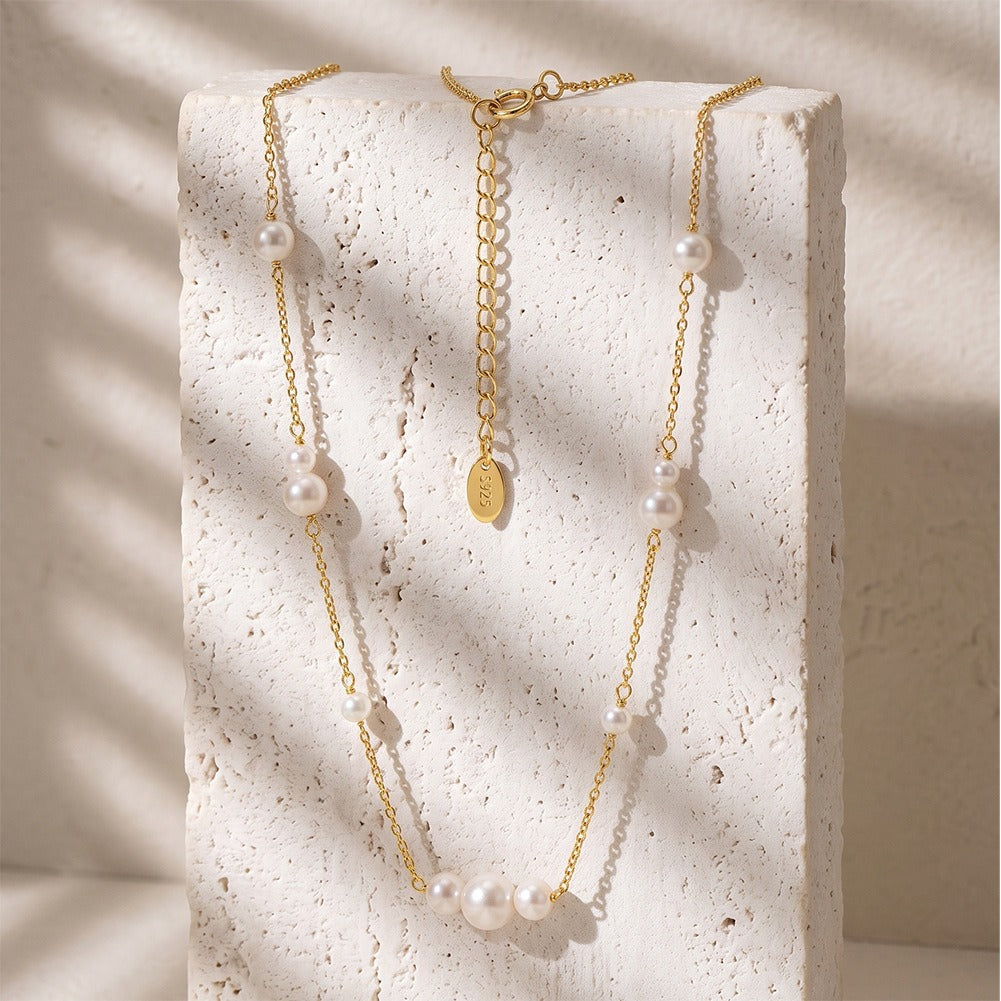 Kemstone Graduated Freshwater Pearl Station Necklace for Women 925 Sterling Silver GPN117