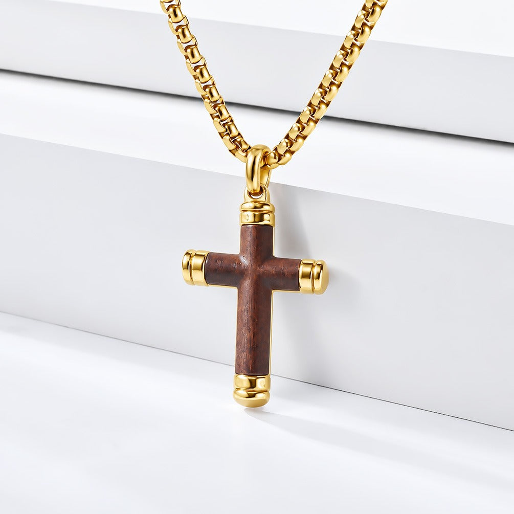 Kemstone Wood Inlay Cross Necklace for Men Stainless Steel Pendant K-PT737