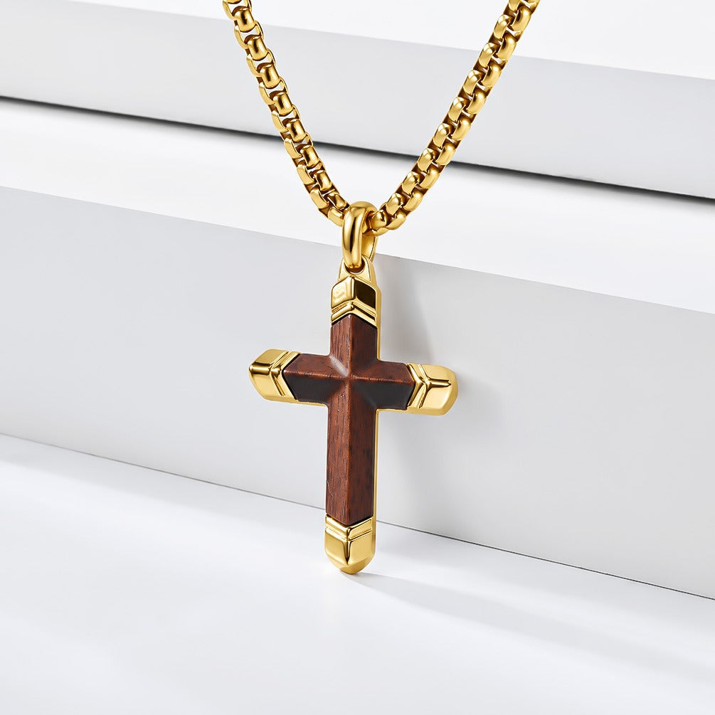 Kemstone Wood Cross Necklace for Men Stainless Steel Metal Accent Pendant K-PT736