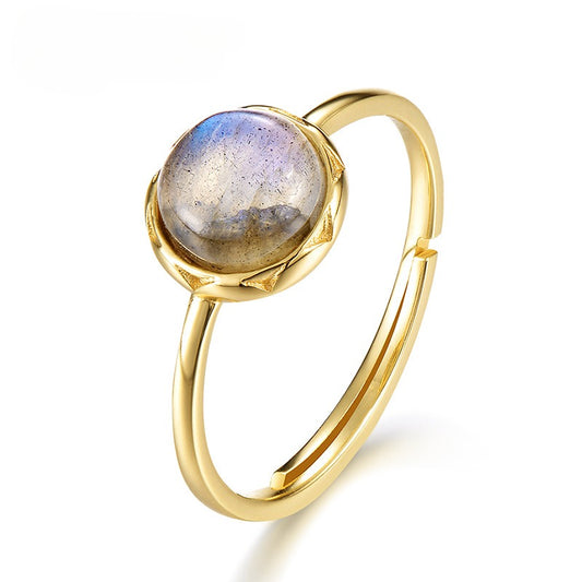Anillo minimalista de labradorita azul, diseño original artesanal de Kemstone - Plata S925 ajustable con baño de oro de 9 quilates
