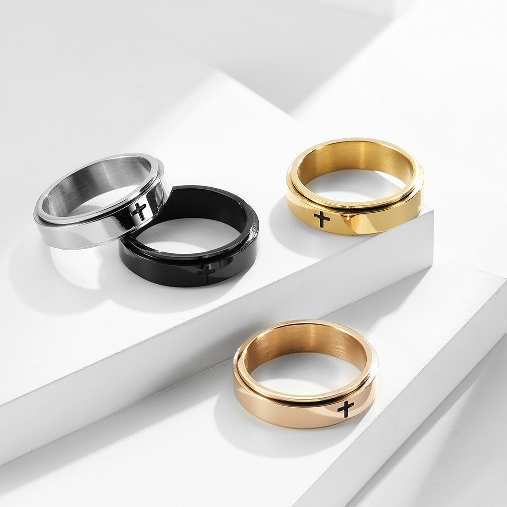 Kemstone Stainless Steel Cross Spinner Ring – Anxiety Relief Couple Band K-R565
