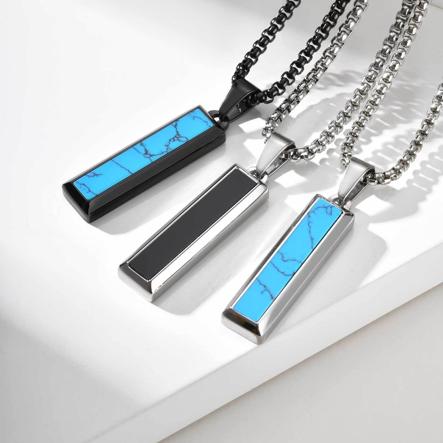 Kemstone Stainless Steel Geometric Bar Pendant Necklace for Men with Onyx or Turquoise PN-2221
