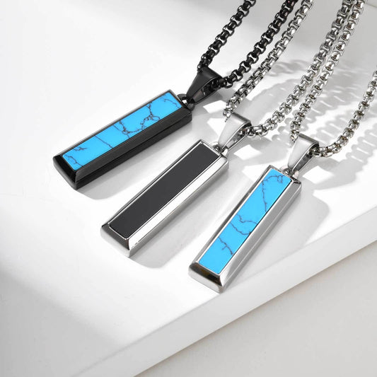 Kemstone Stainless Steel Geometric Bar Pendant Necklace for Men with Onyx or Turquoise PN-2221