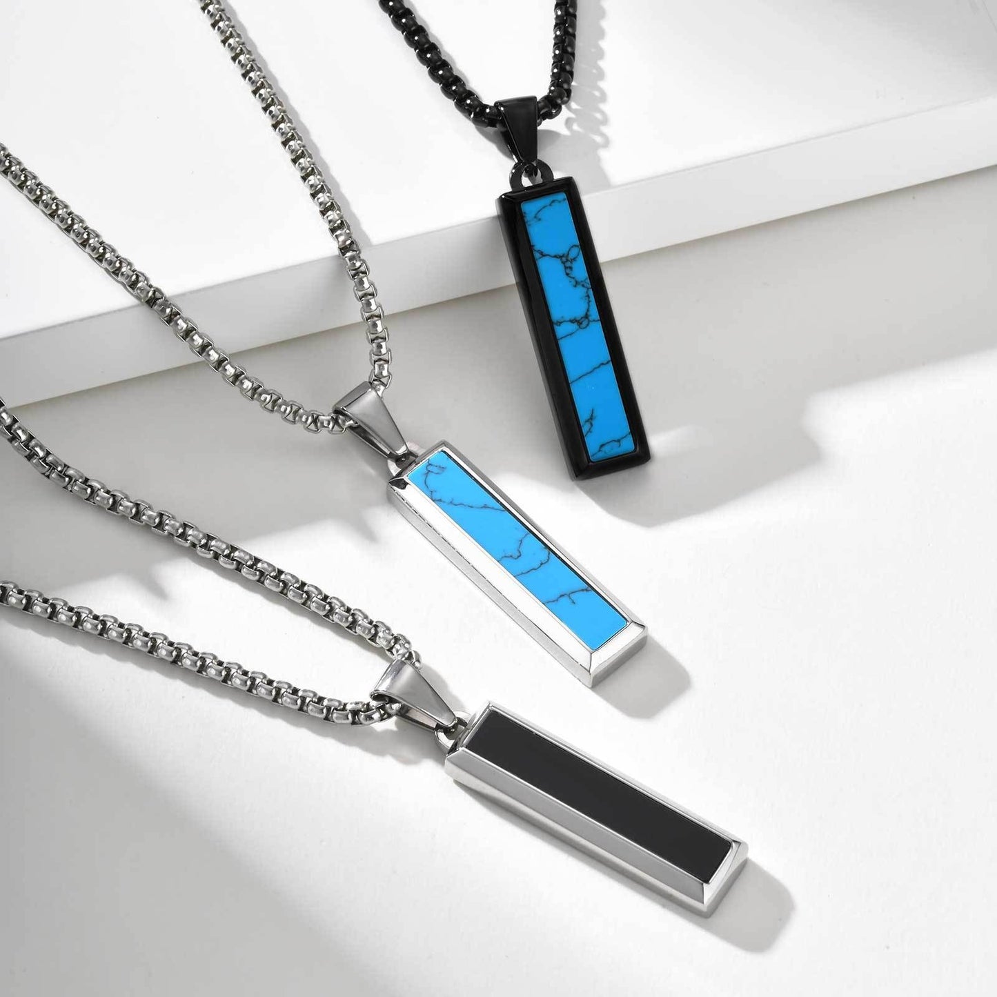 Kemstone Stainless Steel Geometric Bar Pendant Necklace for Men with Onyx or Turquoise PN-2221
