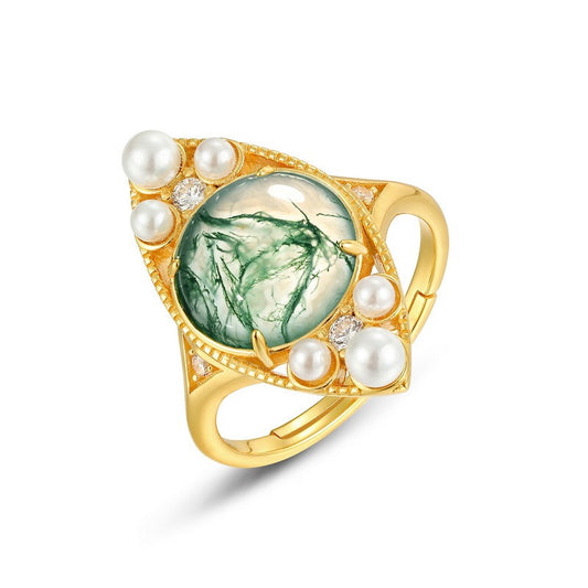 Anillo minimalista de ágata musgosa, diseño original, hecho a mano por Kemstone - Plata S925 ajustable con baño de oro de 10 quilates