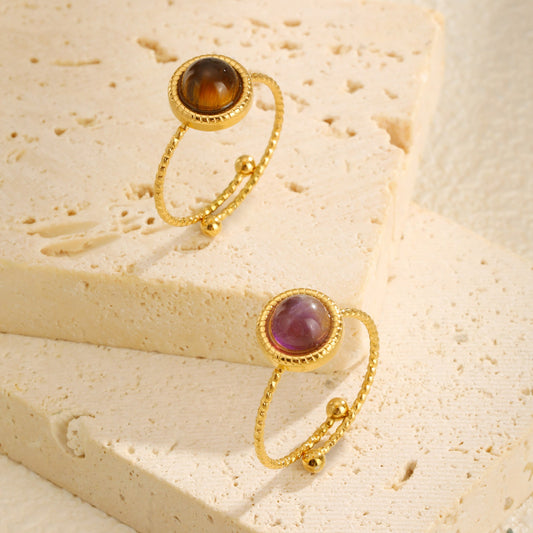 Anillo ajustable de acero inoxidable Kemstone con extremo abierto y cristal de ojo de tigre natural en forma de huevo - Joyería minimalista para uso diario RC-819