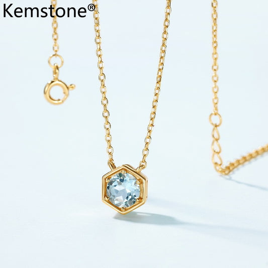 Collar de aguamarina elegante, diseño original y artesanal de Kemstone, plata de ley 925 con baño de oro de 10 quilates, colgante minimalista de diseño para un estilo OL moderno, cadena de 45 cm.
