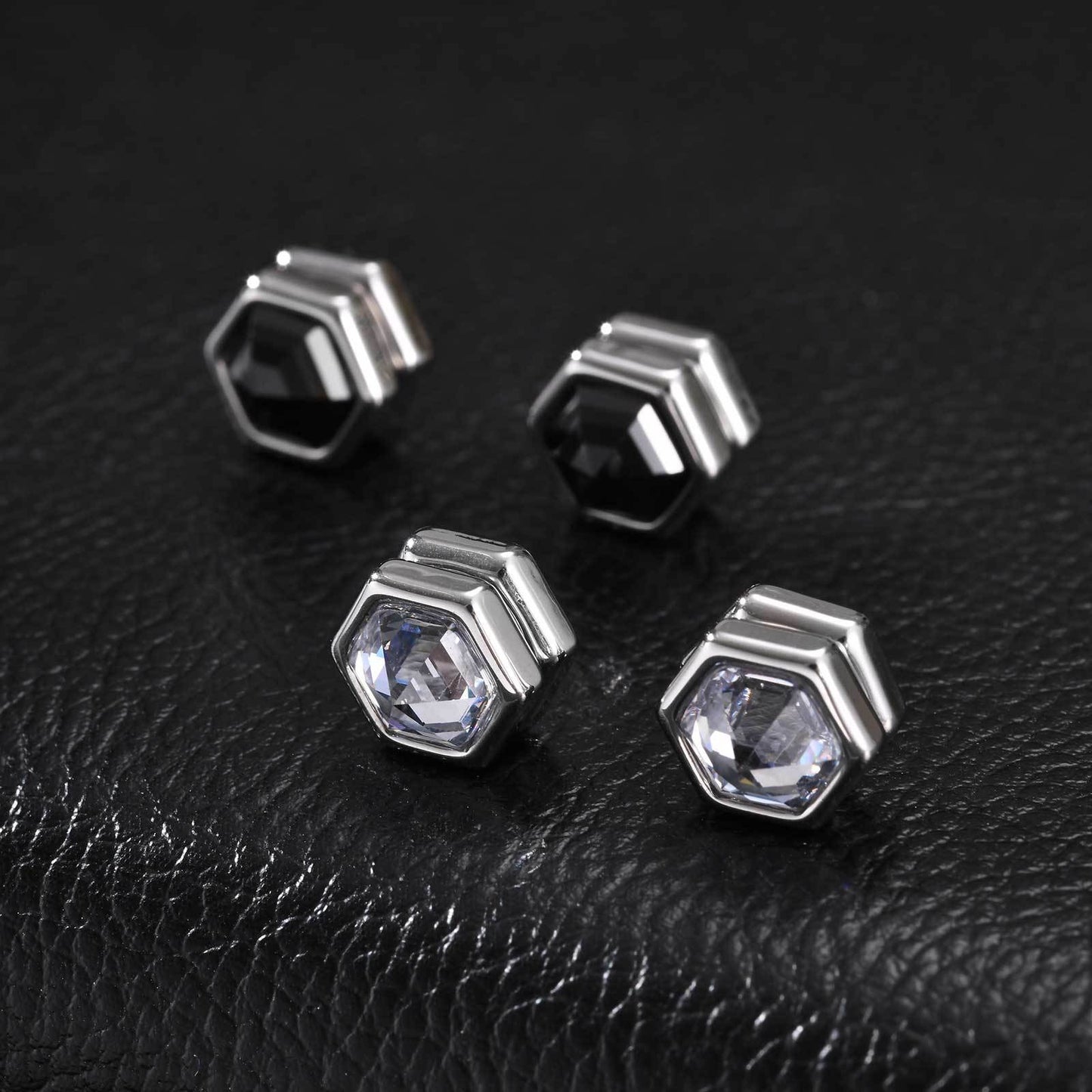 Kemston Hexagon Magnetic Earrings for Men Stainless Steel Black Cubic Zirconia Clip On Earrings EC-004