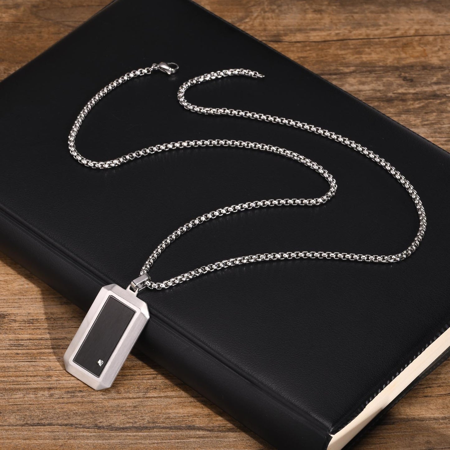 Kemstone Cubic Zirconia Rectangular Pendant Necklace for Men Stainless Steel Black Metal Design PN-1900
