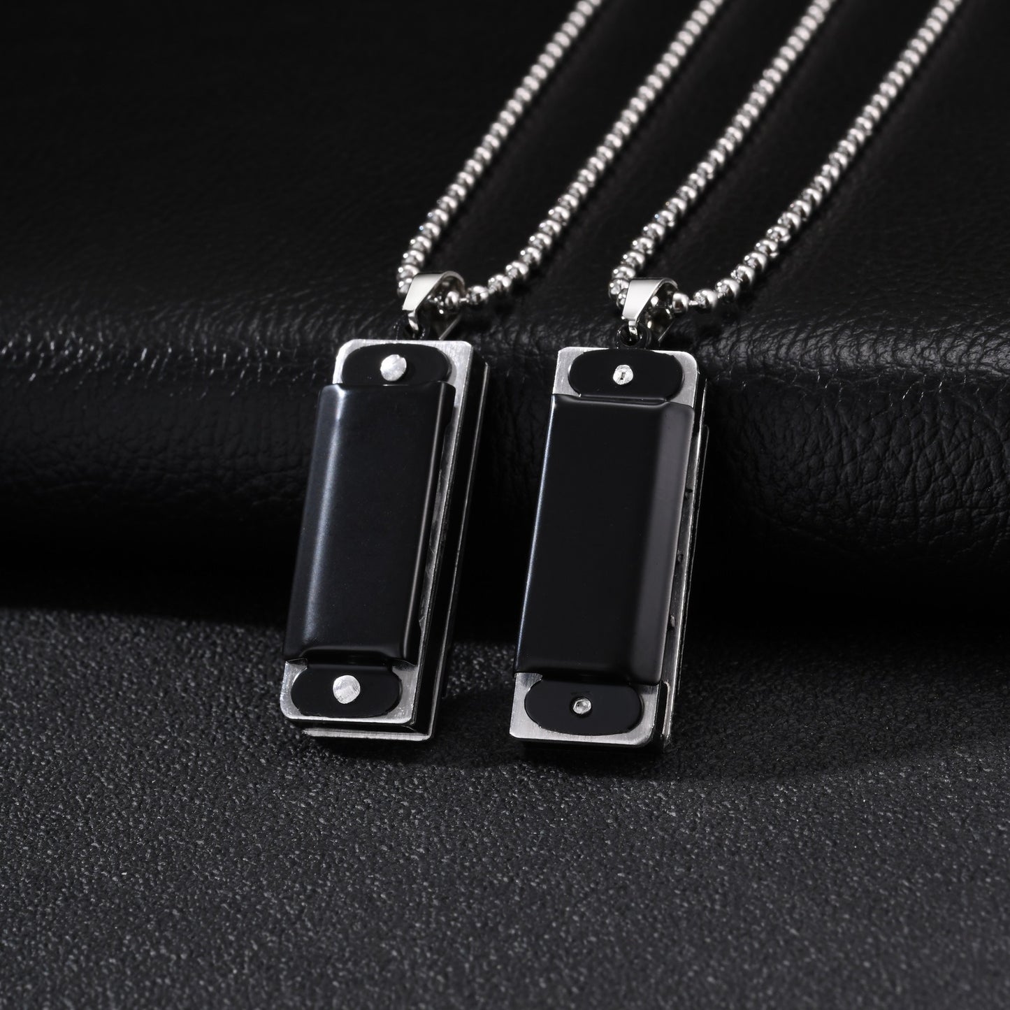 Kemston Black Rectangular Pendant Necklace for Men Alloy Silver Frame Stainless Steel Chain NC-3024