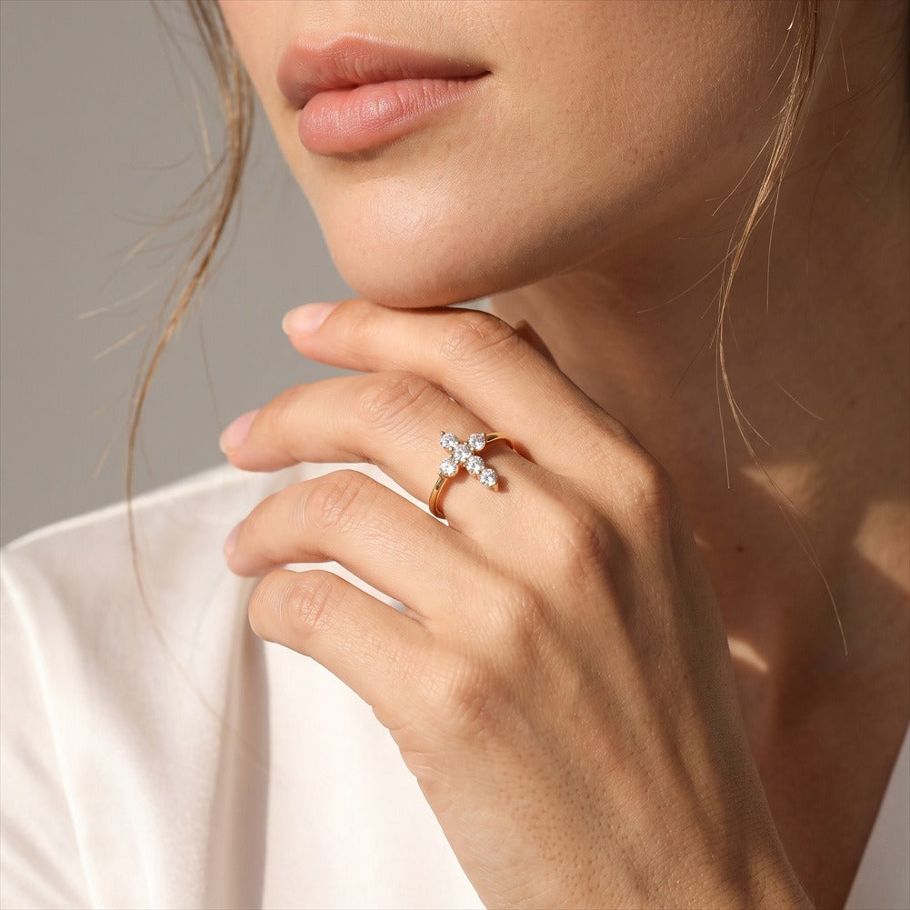 Kemstone Cubic Zirconia Cross Ring for Women 925 Sterling Silver Minimalist LZR48