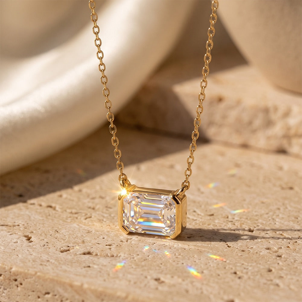 Kemston Emerald Cut Moissanite Pendant Necklace for Women 925 Sterling Silver SMON29