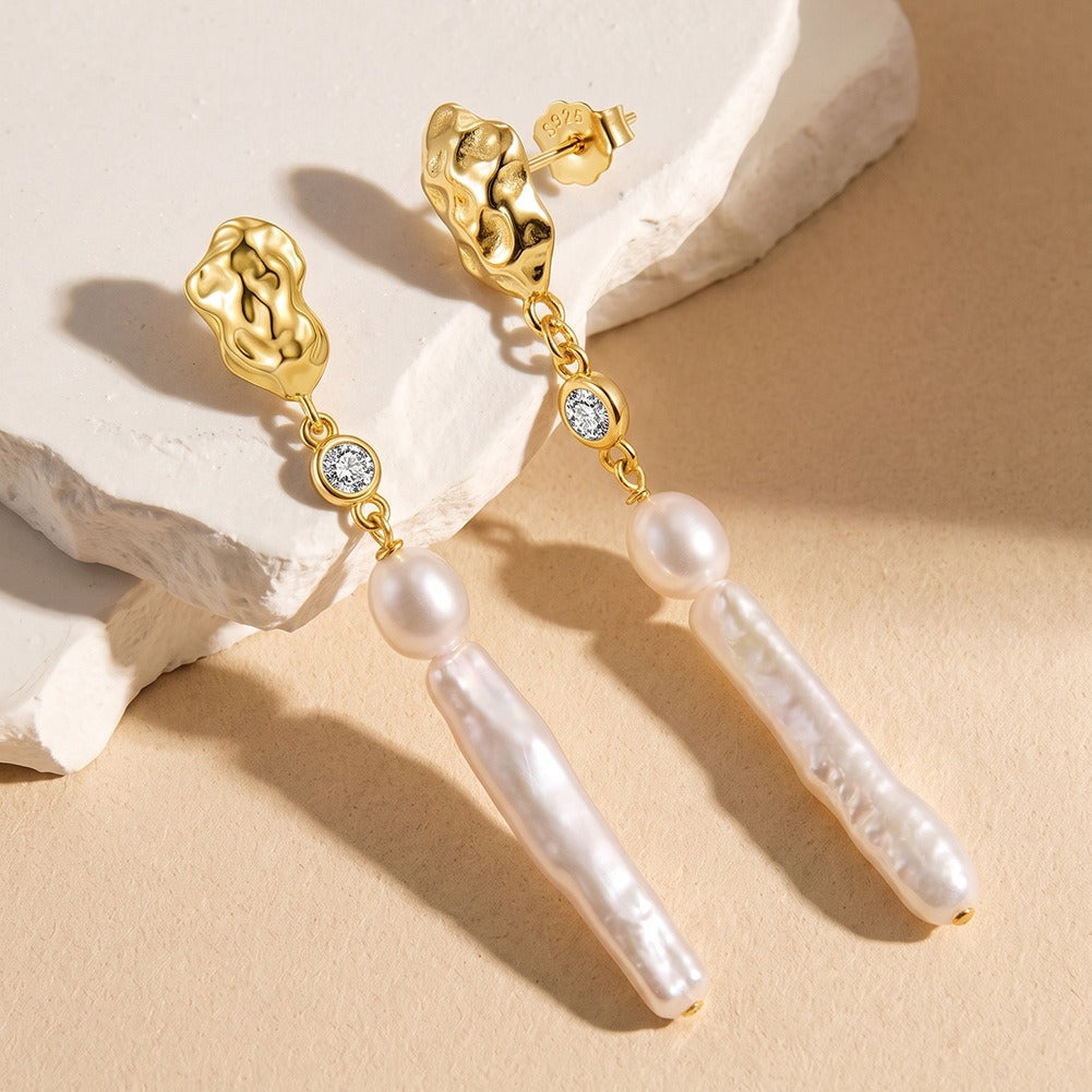 Kemstone Long Freshwater Pearl Drop Earrings for Women 925 Sterling Silver Textured Stud GPE153