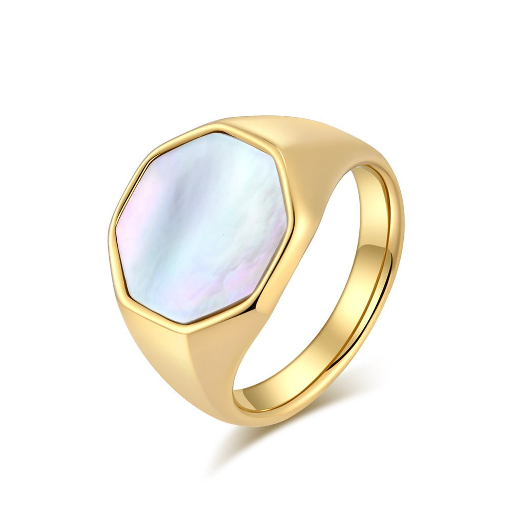 Kemstone Shell Inlay Ring for Men & Women Stainless Steel Hexagon Design K-R793