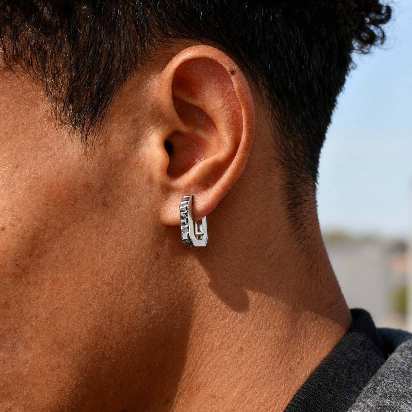 Kemstone Octagon Hoop Earrings for Men Stainless Steel Black Silver EH-802
