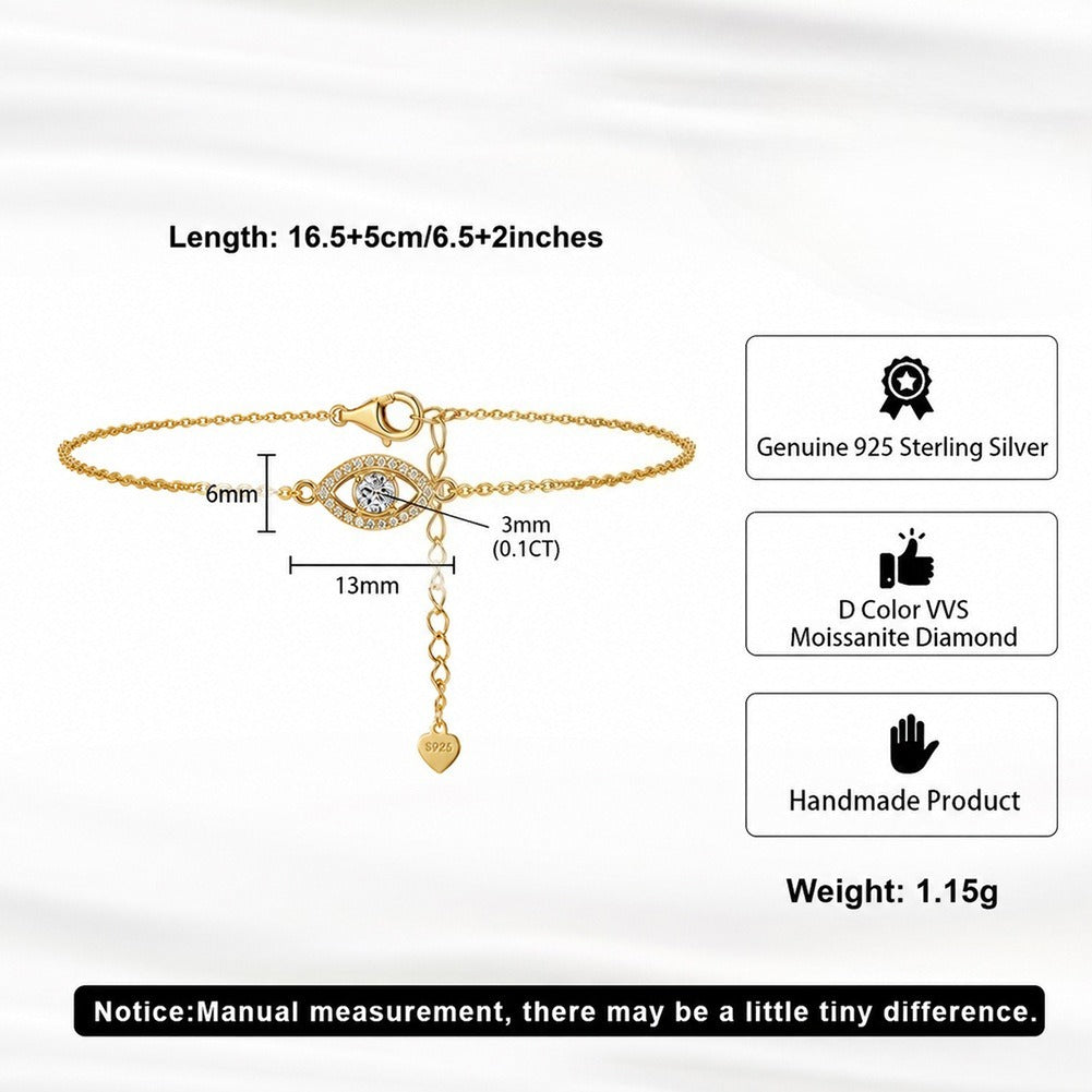 Kemstone Eye Shape Moissanite Bracelet for Women 925 Sterling Silver Adjustable Chain SMOB11