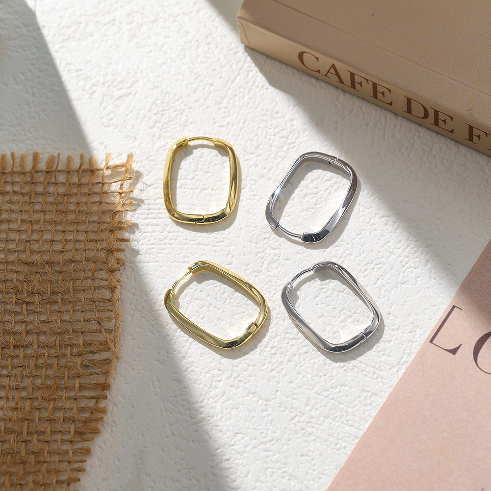 Square Hoop Earrings – 925 Sterling Silver Geometric Minimalist Handmade Jewelry for Women, Polished Lightweight Silver, 29.5x19mm  A4-GAE11