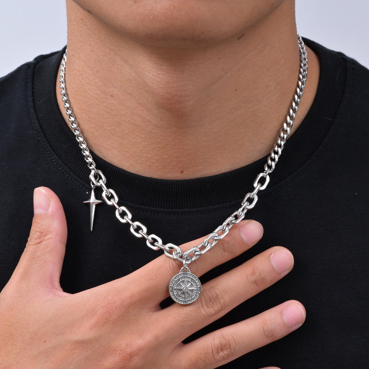 Kemstone Compass Necklace for Men Stainless Steel Mixed Link NC-3281