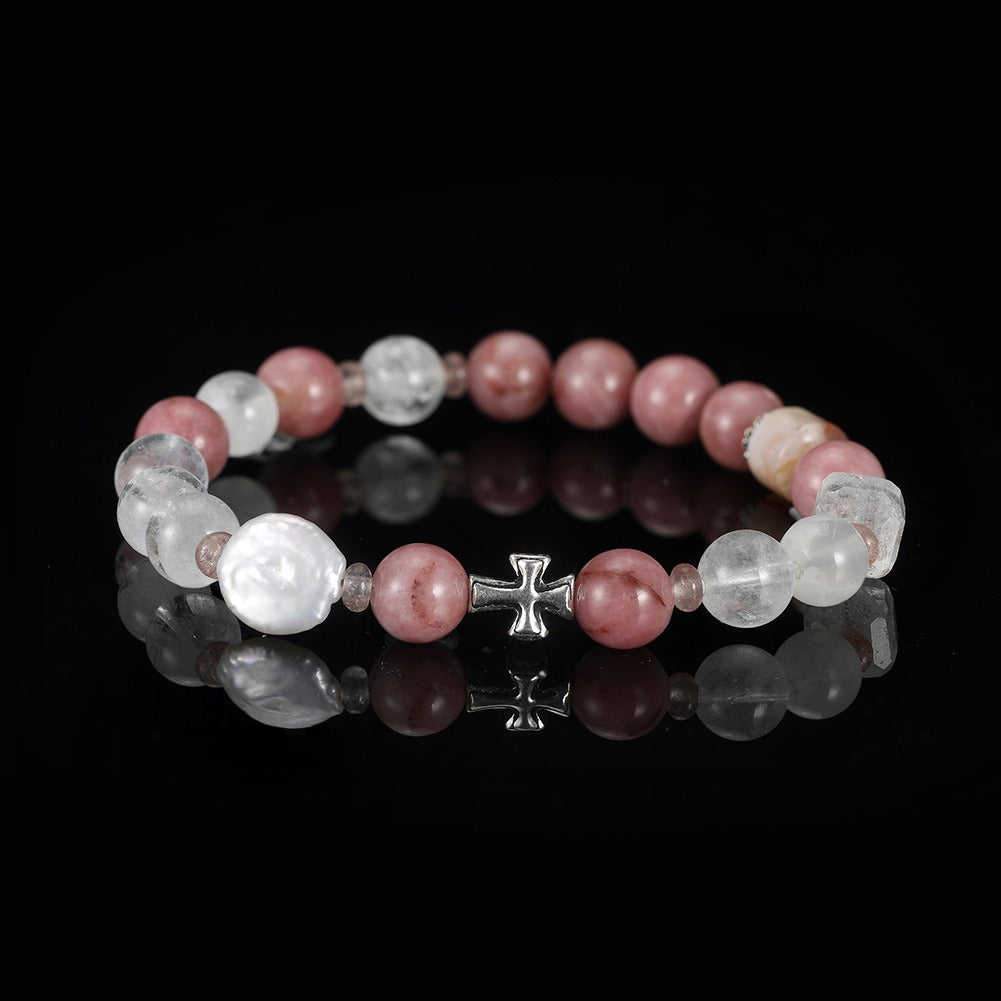 Kemston Pink Natural Stone Bracelet for Women Strawberry Quartz Cross Charm GMB96