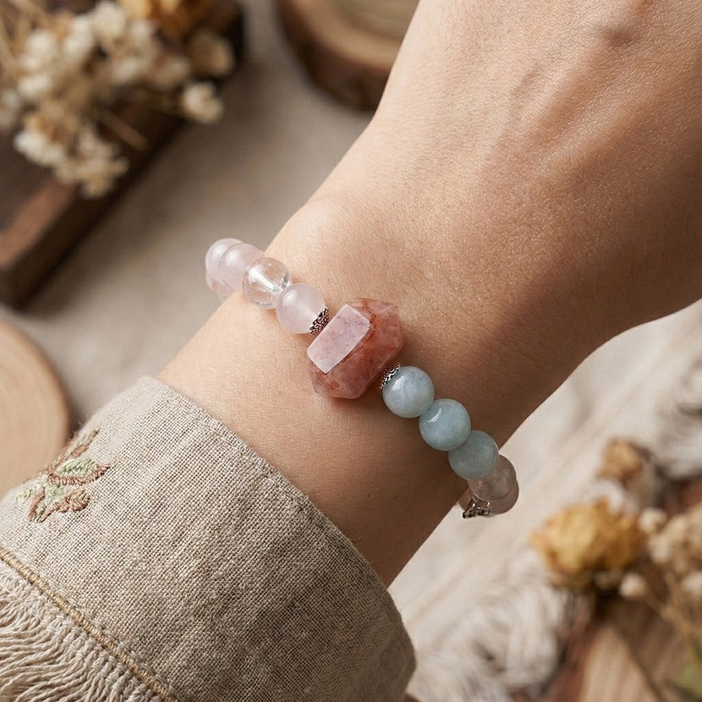 Kemston Mixed Natural Stone Bracelet for Women Red Phantom Quartz Butterfly Charm GMB93
