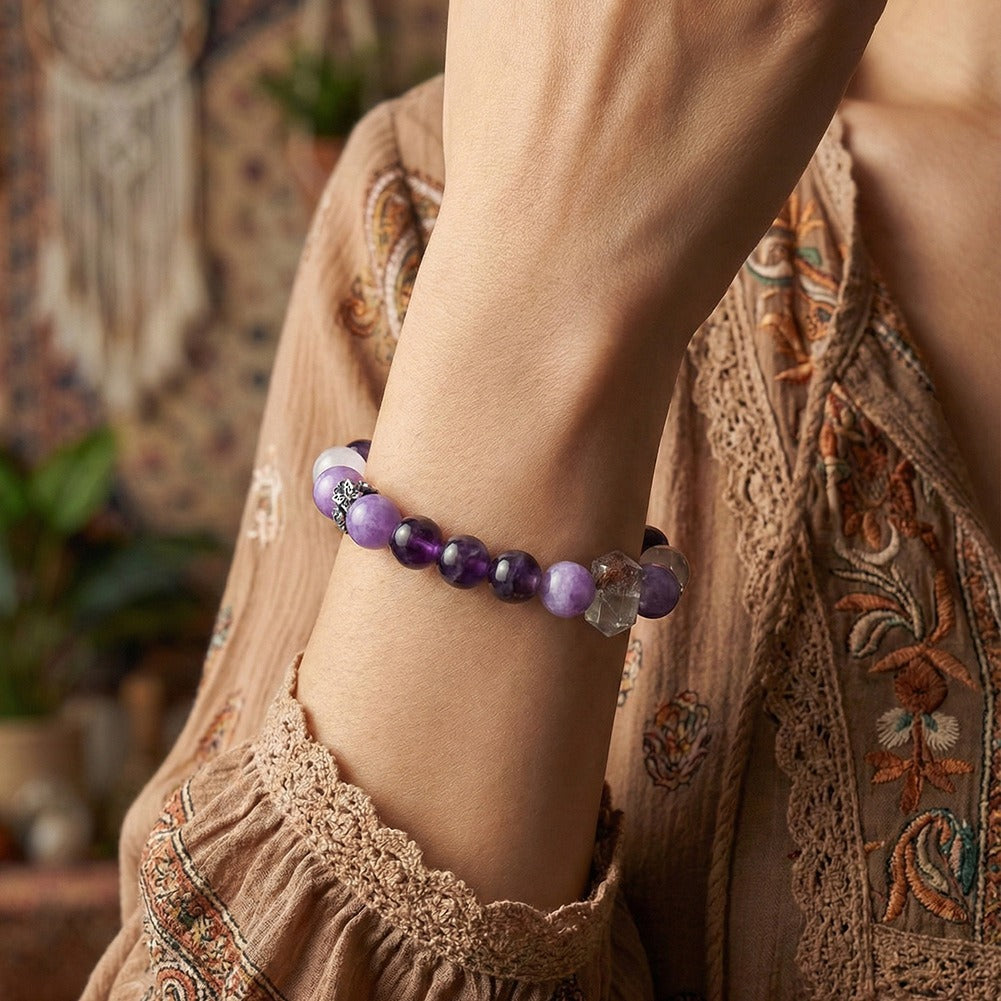 Kemston Purple Gradient Amethyst Bracelet for Women Mixed Natural Stones GMB103