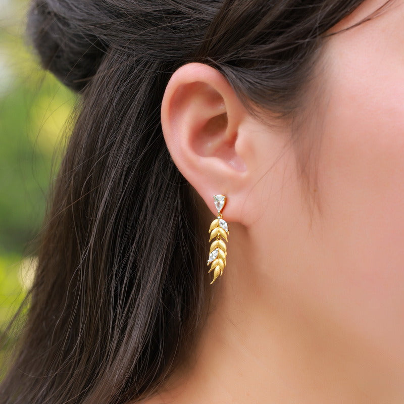 Kemstone 925 Sterling Silver Gold-Plated Wheat Tassel Earrings – Handmade Brushed Drop Earrings with Cubic Zirconia for Women