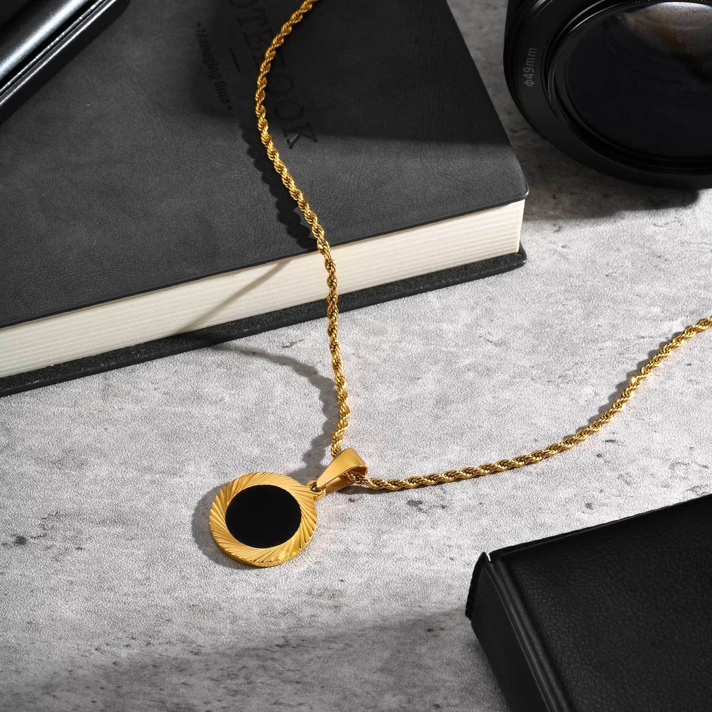 Kemstone Stainless Steel Sunburst Black Acrylic Pendant Necklace for Men PN-2243